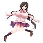  achiga_school_uniform bangs black_hair black_legwear bow bowtie breasts choker full_body green_eyes hair_bow huge_breasts hyuuga_takashi iwato_kasumi jumping kneehighs knees_together_feet_apart loafers long_hair looking_at_viewer open_mouth ribbon ribbon_choker saki school_uniform shoes simple_background skirt solo twintails very_long_hair white_background 