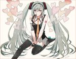  bandages boots character_name collar fingerless_gloves gloves hatsune_miku headset heart hishi_(k-xaby) long_hair necktie sitting skirt solo thigh_boots thighhighs twintails very_long_hair vocaloid 