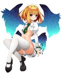  beatmania beatmania_iidx blonde_hair blush highres kinakomoti looking_at_viewer male_focus midriff multiple_wings navel necktie otoko_no_ko purple_eyes rche_(beatmania) short_hair shorts simple_background smile solo thighhighs white_background white_legwear wings 