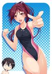  1girl bare_shoulders breath competition_swimsuit covered_navel finger_gun free! halftone halftone_background highleg highleg_swimsuit highres matsuoka_gou mukunokino_isshiki nanase_haruka_(free!) navel one-piece_swimsuit open_mouth pointing pointing_at_viewer swimsuit thighs 