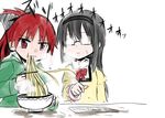  2girls akemi_homura black_hair dental eating food glasses mahou_shoujo_madoka_magica multiple_girls noodles pixiv_manga_sample red_eyes red_hair sakura_kyouko school_uniform white_background 