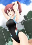  arms_up competition_swimsuit free! fuuma_nagi long_hair matsuoka_gou one-piece_swimsuit ponytail red_eyes red_hair swimsuit 