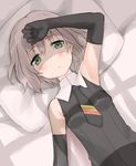  arm_up armpits bad_id bad_pixiv_id bed blush dust_box elbow_gloves gloves green_eyes grey_hair lying necktie parted_lips pillow sanya_v_litvyak short_hair sleeveless solo strike_witches sweat world_witches_series 