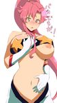  absurdres bandeau blush breasts gloves highres large_breasts long_hair midriff navel nipples open_mouth ponytail red_hair simple_background solo space_yoko strapless tengen_toppa_gurren_lagann tonotyama translation_request white_background white_gloves yoko_littner 