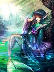  animal_ears bad_id bad_pixiv_id blue_hair cis_(carcharias) head_fins japanese_clothes kimono long_sleeves looking_at_viewer mermaid monster_girl obi one_eye_closed open_mouth purple_eyes sash shiny short_hair solo touhou wakasagihime water wide_sleeves 