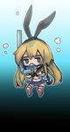  anchor blonde_hair chibi diving_mask diving_mask_on_eyes kantai_collection kikuta long_hair marker_(medium) midriff millipen_(medium) navel sailor_collar shimakaze_(kantai_collection) skirt snorkel snorkel_in_mouth solo striped striped_legwear thighhighs traditional_media underwater 