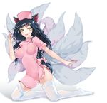  ahri animal_ears black_hair blush braid breasts covered_nipples facial_mark fox_ears fox_tail hair_ribbon hat impossible_clothes league_of_legends leecheie lipstick long_hair makeup medium_breasts multiple_tails nurse nurse_cap panties pink_skirt red_lipstick ribbon side_slit single_braid skirt slit_pupils smile solo syringe tail thighhighs underwear whisker_markings yellow_eyes 