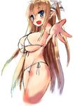  bikini blue_eyes breasts brown_hair elf fang huatu_jiang huge_breasts long_hair looking_at_viewer open_mouth original outstretched_hand pointy_ears side-tie_bikini smile solo swimsuit very_long_hair 