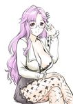  black_bra bra breasts cleavage crossed_legs fantasista_doll glasses huge_breasts lace lace_bra madeleine_(fantasista_doll) pink_eyes purple_hair simple_background sitting smile solo ueyama_michirou underwear white_background 