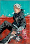  1boy 1other absurdres animal_skull araki_hirohiko_(style) beanie black_hoodie black_pants blonde_hair blue_eyes colored_skin cow_skull hat highres hood hoodie horns horse_print horseshoe_hat_ornament johnny_joestar jojo_no_kimyou_na_bouken painting_(medium) pants pink_skin stand_(jojo) star_(symbol) star_print steel_ball_run traditional_media tusk_(stand) tusk_act1 watercolor_(medium) white_hat xfkart 