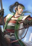  1boy alternate_costume armor banner belt black_gloves black_hair blue_eyeshadow blue_sky blurry blurry_background colored_tips commentary_request cowboy_shot dou earrings eyelashes eyeshadow gloves gold_trim green_armor green_eyeshadow green_hair green_lips hanabatake_chaika hands_up haori headband high_ponytail holding holding_polearm holding_reins holding_weapon horseback_riding japanese_armor japanese_clothes jewelry jinbaori katana kote kurokote light_blush lips lipstick long_bangs looking_to_the_side makeup male_focus motoyui multicolored_armor multicolored_eyeshadow multicolored_hair nijisanji nobori oyu_(b_47p) pointy_ears polearm ponytail red_armor reins riding samurai sheath sheathed shoulder_armor sky sode studded_headband sunken_cheeks sword turning_head two-tone_hair virtual_youtuber weapon white_armor white_belt white_haori white_headband yellow_eyes 