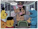 2021 4_fingers anthro bench bert_(sesame_street) big_eyes big_nose black_hair blue_body blue_fur border bottomwear brown_bottomwear brown_clothing brown_facial_hair brown_fedora brown_jacket brown_mustache brown_pants brown_topwear bruce_mccorkindale candy chocolate chocolate_chip_cookie chocolate_chips clothing coat cookie cookie_monster count_von_count counting crossover dessert dialogue door eating english_text ernie_(sesame_street) eyebrows eyewear facial_hair fangs fedora fingers food fur glasses green_body green_fur grouch group gun hair hat headgear headwear hi_res holding_gun holding_object holding_ranged_weapon holding_weapon hostage humanoid humanoid_pointy_ears inside_train intratec jacket laugh male mammal mixed_media monster muppet muppets mustache orange_body orange_clothing orange_nose orange_skin orange_sweater orange_topwear oscar_the_grouch pants parody pattern_clothing pattern_sweater pattern_topwear pbs pointy_ears pole purple_body purple_skin ranged_weapon rapid_transit sesame_street signature speech_bubble spiky_hair striped_clothing striped_sweater striped_topwear stripes submachine_gun subway sweater tec-9 teeth text the_taking_of_pelham_one_two_three thick_eyebrows title topwear train trash_can trenchcoat turtleneck unibrow vampire vehicle vest weapon white_border window yellow_body yellow_clothing yellow_skin yellow_sweater yellow_topwear