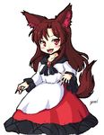  animal_ears brooch brown_hair fingernails imaizumi_kagerou isaki_(gomi) jewelry long_fingernails long_hair long_sleeves nail_polish open_mouth red_eyes red_nails shirt signature simple_background skirt smile solo tail touhou white_background wide_sleeves wolf_ears wolf_tail 