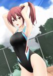  armpits arms_up blush breasts competition_swimsuit free! fuuma_nagi long_hair looking_at_viewer matsuoka_gou medium_breasts one-piece_swimsuit ponytail red_eyes red_hair smile solo swimsuit 