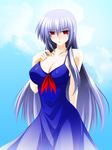  adapted_costume blue_hair breasts cleavage dress engo_(aquawatery) kamishirasawa_keine large_breasts long_hair no_hat no_headwear red_eyes ribbon silver_hair sleeveless solo touhou 