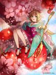  blonde_hair character_request food fork fruit green_eyes hair_ornament kyouka_hatori long_hair open_mouth pointy_ears seisen_cerberus sitting solo 