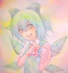  acrylic_paint_(medium) blue_hair bow cirno eyelashes graphite_(medium) hair_bow heart heart-shaped_pupils heart_hands highres ice ice_wings portrait short_hair smile solo symbol-shaped_pupils teeth touhou traditional_media watercolor_(medium) wings yuyu_(00365676) 