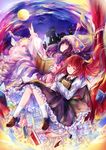  bat_wings book building castle closed_eyes crescent dress full_moon hair_ribbon hat head_wings koakuma long_hair moon multiple_girls open_mouth patchouli_knowledge purple_eyes purple_hair red_hair ribbon sky smile star_(sky) starry_sky touhou vest wings yukihomu 