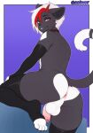  anthro anus arm_warmers armwear balls choker clothing digital_media_(artwork) feet felid feline femboy foreskin genitals grin hi_res hindpaw horn humanoid_genitalia humanoid_penis jewelry legwear looking_at_viewer looking_back lukiro male mammal necklace nude paws penis raised_tail rear_view smile solo stockings tail 