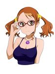  adjusting_eyewear anjou_naruko ano_hi_mita_hana_no_namae_wo_bokutachi_wa_mada_shiranai. breasts brown_eyes brown_hair cleavage earrings glasses hair_ornament highres jewelry large_breasts long_hair necklace red-framed_eyewear simple_background solo tank_top tonotyama twintails white_background 