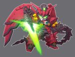  chibi commentary_request energy_sword full_body glowing glowing_eyes green_eyes grey_background gundam gundam_epyon gundam_wing holding holding_sword holding_weapon mecha mecha_focus mechanical_wings mobile_suit no_humans robot science_fiction sd_gundam simple_background solo susagane sword v-fin weapon whip wings 