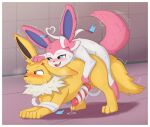 2025 blush bodily_fluids border digital_media_(artwork) duo eeveelution eyebrows feral frezezyk fur generation_1_pokemon generation_6_pokemon genital_fluids genitals hi_res jolteon m/ male multicolored_body multicolored_fur nintendo open_mouth penis pink_tail pokemon pokemon_(species) quadruped sex sylveon tail white_border