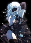  10h_(nier_reincarnation) 1girl arm_behind_head armpit_crease black_background black_blindfold black_dress black_panties blindfold breasts closed_mouth commentary detached_sleeves dress english_commentary garter_straps highres large_breasts long_hair nier_(series) nier_reincarnation panties pink_lips solo standing thighs underwear white_hair zorb11s 