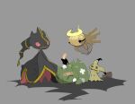  1other ^_^ arms_at_sides banette black_eyes bug closed_eyes colored_sclera commentary crossed_bandaids floating full_body grey_background hai_(gardevoirrr) halo highres holding_bandaid looking_down mega_banette mega_pokemon mimikyu pokemon red_sclera scratches shedinja simple_background solid_oval_eyes standing stuffed_animal stuffed_toy stuffing substitute_(pokemon) tears trait_connection white_eyes yellow_halo zipper zipper_pull_tab 