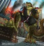 4_fingers anthro balls bellowez biceps big_penis boxer_briefs building carnak_(carpo) city city_background city_destruction cityscape claws clothing crocodile crocodilian crush destruction detailed_background digital_media_(artwork) erection erection_under_clothing feet finger_claws fingers fire genitals green_body green_eyes hi_res huge_penis humanoid_genitalia humanoid_penis landscape_dwarfing macro male muscular muscular_anthro muscular_male open_mouth outside paws pecs penile penis penis_shaped_bulge pyronite(commissioner) rampage reptile scalie sky solo tail teeth train underwear vehicle