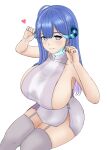  1girl absurdres ahoge bare_arms blue_eyes blue_hair blue_horns breasts bright_pupils closed_mouth collarbone colored_inner_hair cross-shaped_pupils dress feet_out_of_frame garter_straps grey_thighhighs hair_between_eyes hands_up heart highres horns huge_breasts indie_virtual_youtuber long_hair looking_at_viewer multicolored_hair multicolored_horns naozuri paw_pose pink_hair rikudou_yura short_dress sideboob sideless_dress simple_background sitting smile solo straight_hair streaked_hair striped_horns symbol-shaped_pupils thighhighs two-tone_hair virtual_youtuber white_background white_dress white_garter_straps 