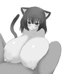  1girl animal_ears areolae blush breast_rest breasts cat_ears cat_tail gigantic_breasts highres marimofu monochrome nipples paizuri puffy_nipples solo_focus tail 