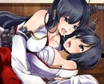  black_eyes black_hair blush breasts covered_nipples detached_sleeves fusou_(kantai_collection) hair_ornament highres japanese_clothes kantai_collection large_breasts long_hair multiple_girls nontraditional_miko parabora_(nipplemokuba) saliva saliva_trail sarashi short_hair tears yamashiro_(kantai_collection) yuri 