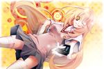  ;q blonde_hair controller gloves hand_on_hip hinato long_hair looking_at_viewer one_eye_closed remote_control school_uniform shokuhou_misaki skirt solo sweater_vest thighhighs to_aru_kagaku_no_railgun to_aru_majutsu_no_index tongue tongue_out white_gloves white_legwear yellow_background yellow_eyes zettai_ryouiki 