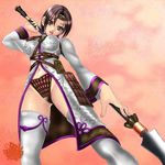  1girl alternate_costume breasts brown_eyes brown_hair from_below looking_at_viewer polearm seong_mi-na solo soul_calibur soulcalibur_iv standing thighhighs weapon white_legwear xuexue_yue_hua 