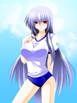  alternate_costume blue_hair blush breasts buruma engo_(aquawatery) gym_uniform kamishirasawa_keine large_breasts long_hair no_hat no_headwear red_eyes ribbon short_sleeves silver_hair solo touhou 