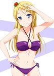  akiteri ayase_eli bikini blonde_hair blue_eyes cutie_panther flower hair_flower hair_ornament hair_tousle halterneck hand_on_hip long_hair love_live! love_live!_school_idol_project ponytail red_flower red_rose rose side-tie_bikini solo swimsuit 