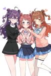  3girls ahoge black_jacket black_skirt blazer blue_overskirt blue_ribbon blue_skirt blush borrowed_hairstyle braid brown_hair butterfly_earrings butterfly_hair_ornament cardigan commentary_request earrings feet_out_of_frame gakuen_idolmaster gokugetsu_academy_school_uniform hair_ornament hanami_saki hanami_ume hatsuboshi_gakuen_school_uniform heart heart_earrings heart_hands heart_hands_trio heart_in_heart_hands highres idolmaster jacket jewelry kaya_rinha long_hair looking_at_viewer multiple_girls neck_ribbon pink_cardigan pink_jacket pleated_skirt purple_hair ribbon school_uniform shirota_(takoyaki_110721) shirt siblings simple_background sisters skirt smile thighhighs two_side_up white_background white_shirt white_thighhighs 