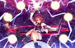  boots crossed_legs drum drumsticks energy_ball glowing glowing_eyes grin horikawa_raiko instrument jacket lightning miruki necktie purple_neckwear red_eyes red_hair shirt sitting sitting_on_drum sitting_on_object smile solo striped striped_shirt touhou 