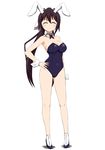  animal_ears bad_id bad_pixiv_id bare_shoulders black_hair blush breasts bunny_ears bunnysuit cleavage closed_eyes detached_collar hand_on_hip high_heels highres infinite_stratos large_breasts leotard long_hair ponytail shinonono_houki simple_background solo sweta_(sakerflc) white_background white_legwear wrist_cuffs 