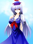  blue_hair breasts cleavage dress dress_shirt engo_(aquawatery) frown hat kamishirasawa_keine large_breasts long_hair red_eyes ribbon shirt short_sleeves silver_hair solo tokin_hat touhou 