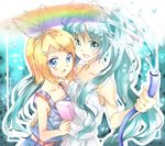  aqua_eyes aqua_hair belt blonde_hair blue_eyes character_name food hair_ornament hair_ribbon hairclip hatsune_miku hose kagamine_rin long_hair multiple_girls natori_(tojo-nanri) open_mouth popsicle rainbow ribbon strap_slip suspenders twintails very_long_hair vocaloid water 