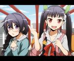  :d backpack bag black_hair braid glasses hachikuji_mayoi hanekawa_tsubasa kabukimonogatari long_hair monogatari_(series) multiple_girls open_mouth purple_eyes red_eyes smile tom_(drpow) twintails younger 