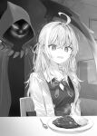  1girl @_@ ahoge alisa_mikhailovna_kujou blazer bow bowtie breasts buttons cloak collared_shirt commentary_request crossed_bangs curry curry_rice death_(entity) double-breasted evil_smile food greyscale grim_reaper hair_between_eyes hair_ribbon highres hood hooded_cloak indoors jacket lapels long_hair momoko_(momopoco) monochrome notched_lapels novel_illustration official_art on_chair open_clothes open_jacket open_mouth ribbon rice scared school_uniform scythe second-party_source seiren_academy_school_uniform shirt sitting smile solo spoon sweat tokidoki_bosotto_roshia-go_de_dereru_tonari_no_alya-san trembling wavy_mouth wing_collar 