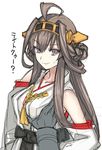  admiral_(kantai_collection) ahoge breast_grab breasts brown_eyes brown_hair collarbone detached_sleeves double_bun grabbing hair_ornament hairband hands_on_hips headgear it's_ok_to_touch japanese_clothes kantai_collection kongou_(kantai_collection) long_hair looking_at_viewer medium_breasts nontraditional_miko raised_eyebrow sketch smile solo_focus sweatdrop tetsu_(kimuchi) translated upper_body white_background wide_sleeves 