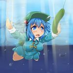  backpack bag blue_eyes blue_hair breasts bubble cucumber derivative_work diving fishing_line fishing_lure hair_bobbles hair_ornament hakuu_kanaka hat kawashiro_nitori key large_breasts long_sleeves nevermind nirvana_(band) open_mouth parody shirt skirt solo touhou two_side_up underwater wet wet_clothes 