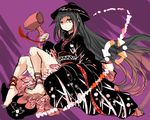  alternate_color alternate_hair_length alternate_hairstyle ankle_lace-up barefoot black_hair bowl bowl_hat breasts cross-laced_footwear dark_persona directional_arrow hat japanese_clothes long_hair mallet medium_breasts older red_eyes shigureru solo sukuna_shinmyoumaru touhou 