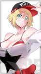  1girl alice_garnet_nakata bare_shoulders baseball_cap bikini blonde_hair breasts cleavage collarbone fatal_fury fatal_fury_cap green_eyes hat highres large_belt large_breasts looking_at_viewer loose_clothes loose_shirt makokujira off-shoulder_shirt off_shoulder open_mouth red_bikini shirt short_hair simple_background smile snk solo star_(symbol) swimsuit the_king_of_fighters the_king_of_fighters_xiv 