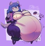 anthro belly belly_blush belly_expansion big_belly blush bodily_fluids body_blush canid canine clothing dessert doughnut embarrassed expansion female food hi_res kafrizzzle mammal nervous_smile pastry rinkei rumbling_stomach stuffing sweat wardrobe_malfunction