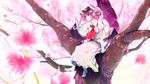  brooch cherry_blossoms elbow_gloves flower gloves hat highres jewelry kanchigai mob_cap parasol petals pointy_ears purple_hair red_eyes remilia_scarlet short_hair sitting skirt skirt_set smile solo touhou tree umbrella white_gloves 