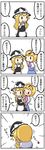  4koma alice_margatroid apron black_dress black_eyes blue_dress blush capelet comic dress hairband hand_to_own_mouth hat hat_ribbon heart highres kirisame_marisa kiss multiple_girls open_mouth potaaju ribbon sash smile touhou translated trembling waist_apron witch_hat 